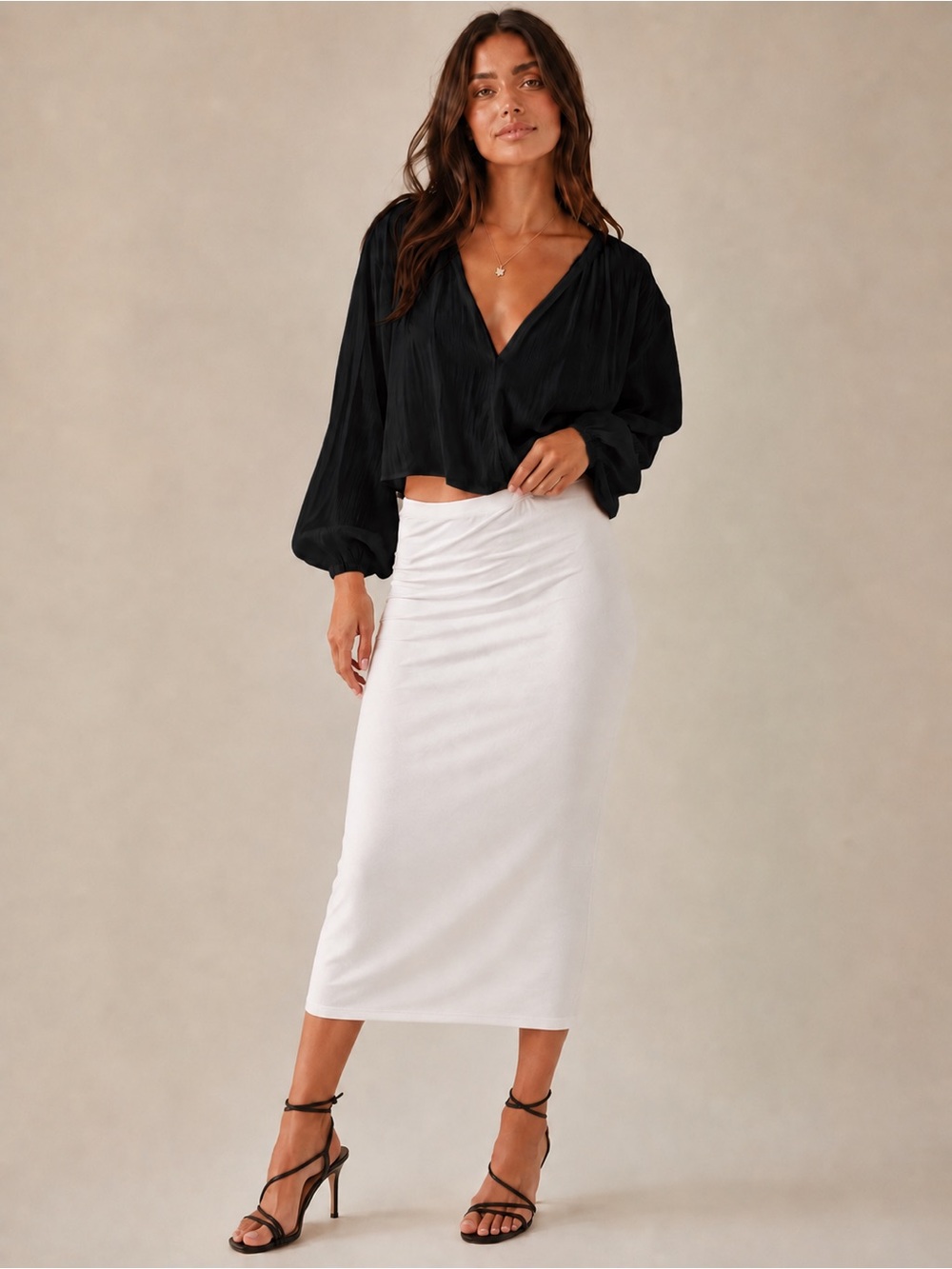 Naked Wardrobe Basic Minimalist Women’s Cream Ribbed Stretch Pencil Skirt Large